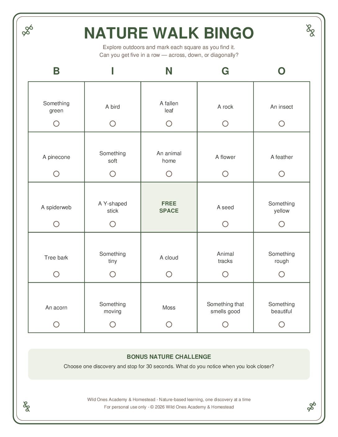 Nature Walk Bingo